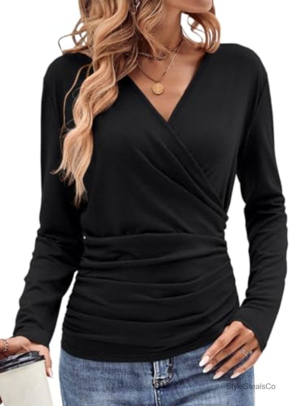 Wrap Long Sleeve T-Shirt Ruched Slim Fit V-Neck Dressy Casual Top